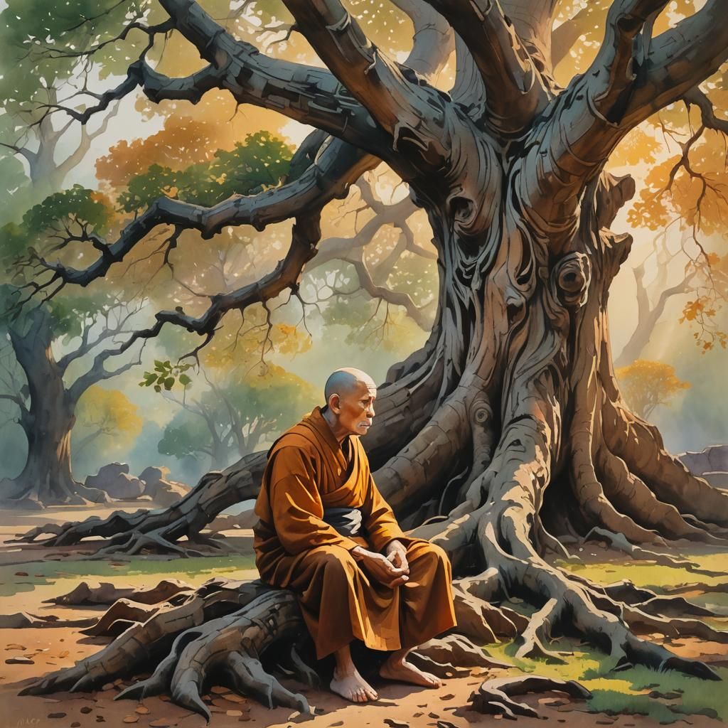 Monk Meditating Under Ancient Tree: Impressionist Gouache