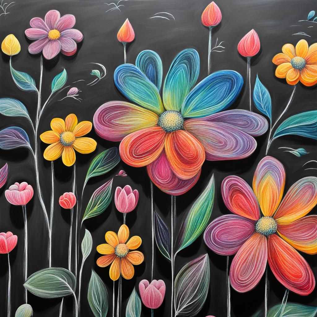 Colorful 3D Flowers Chalk Art on Blackboard