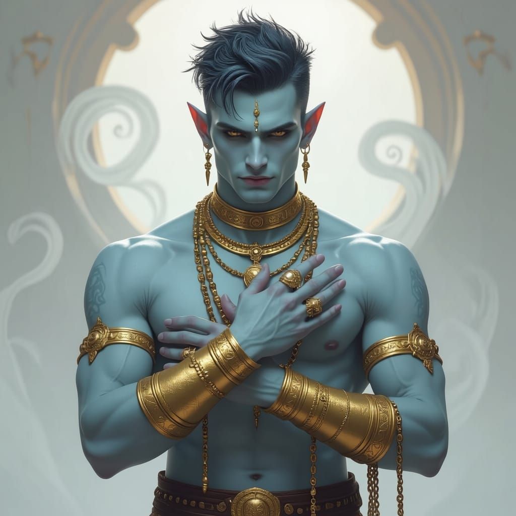 Air Genasi with Golden Armband in Misty Fantasy Art