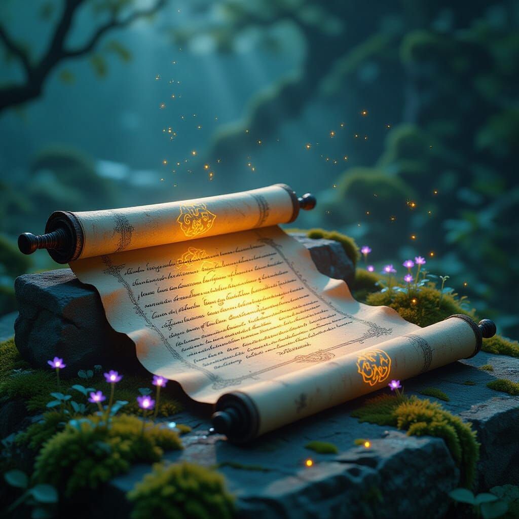 Ancient Scroll on Altar with Cosmic Calligraphy in Moonlight