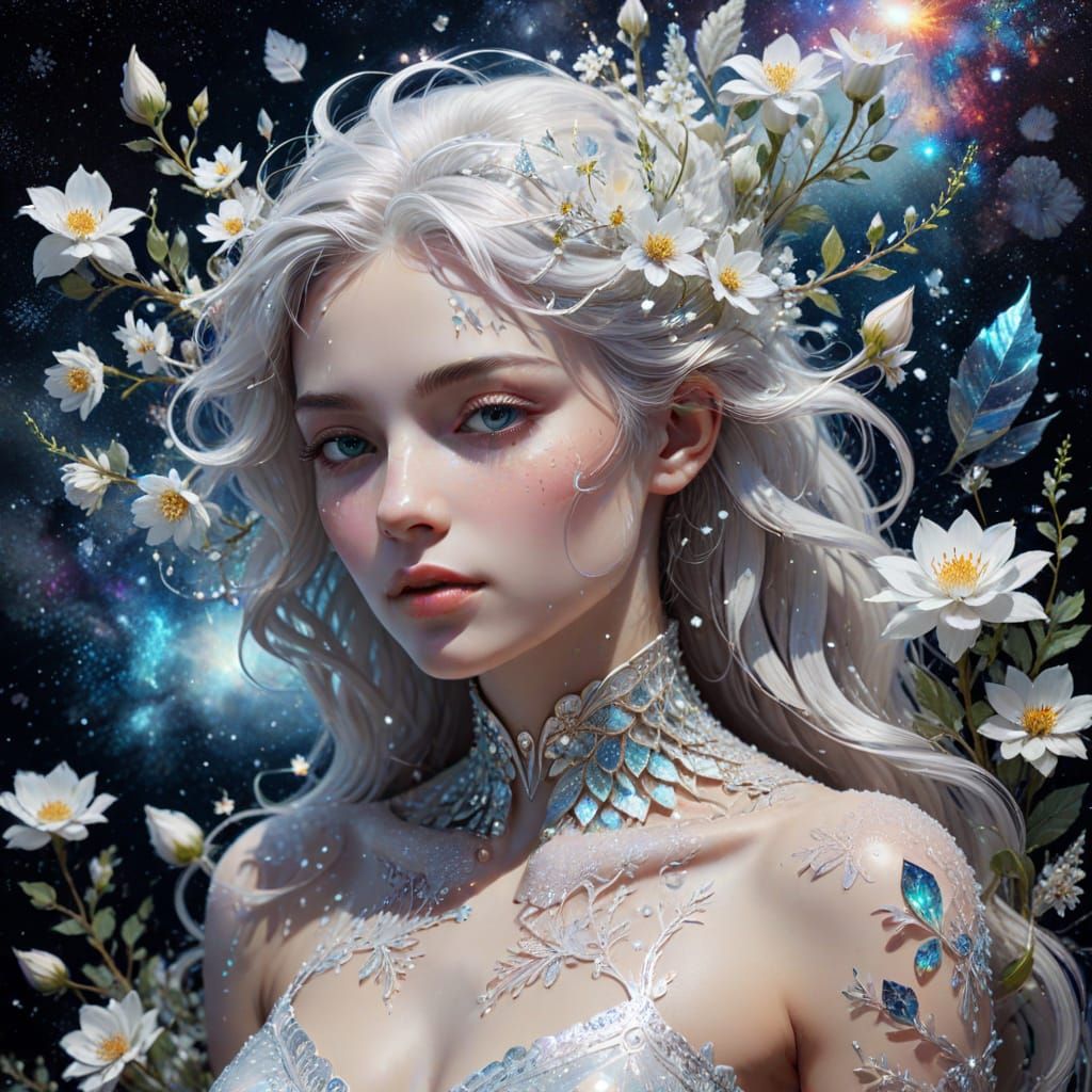 Surreal Cosmic Goddess Reclines in a Field of White Flowers ...