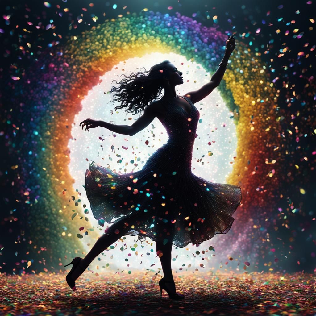 Rainbow Confetti: Woman's Dance Silhouette in Digital Art
