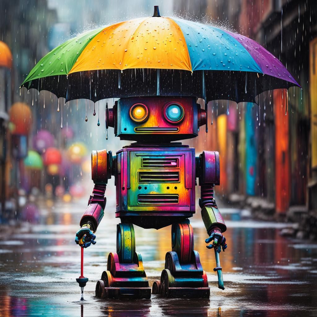 robot holding an umbrella in the rain, kid's crayon drawing graffiti art, splash art, street art, spray paint, oil gouac...