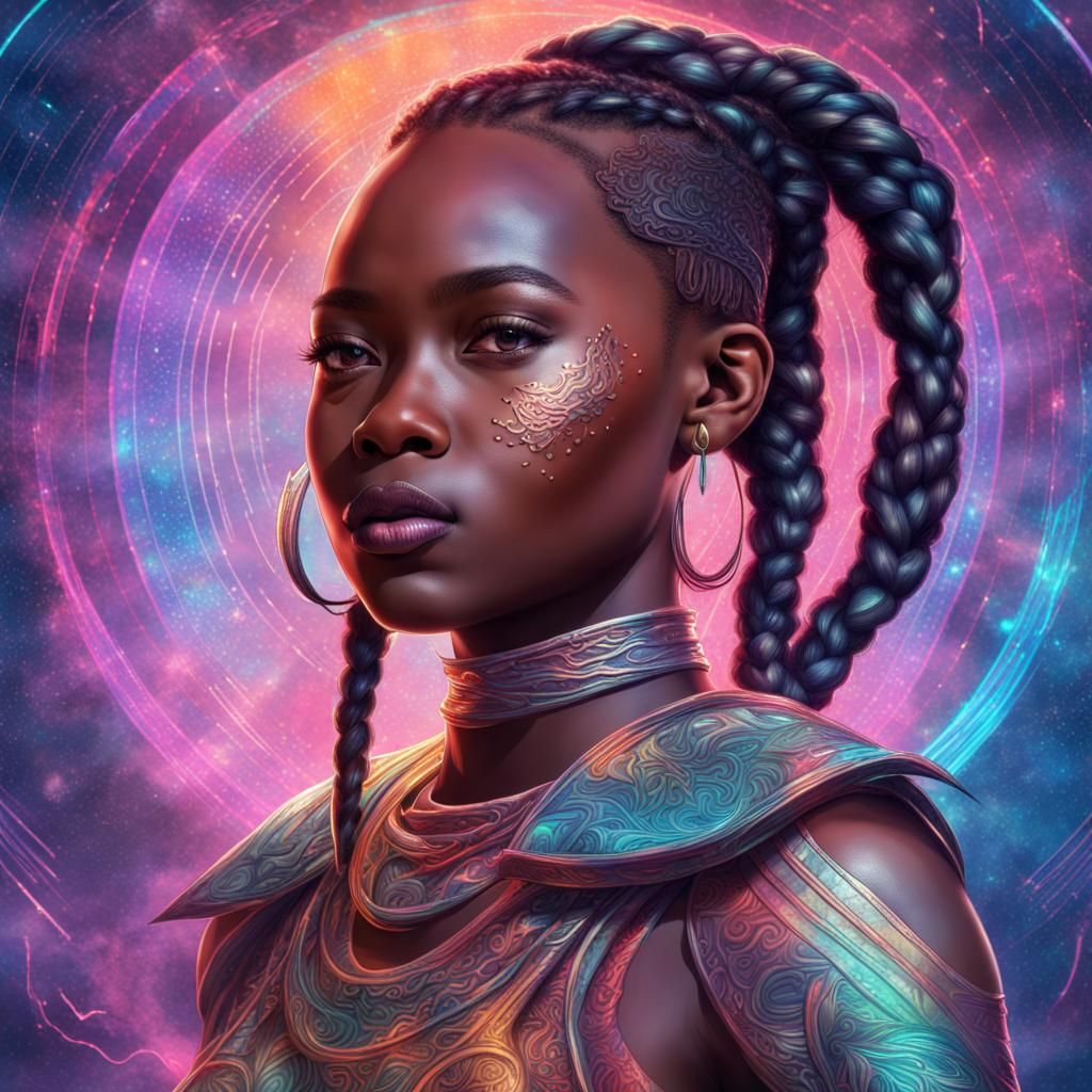 Warrior Woman in Holographic Astral Cosmic Style