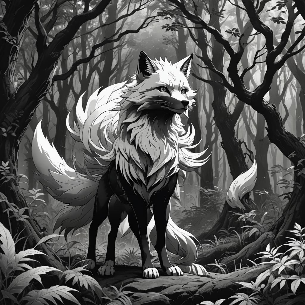 Nine-Tailed Fox in Forest: Manga-Style Illustration