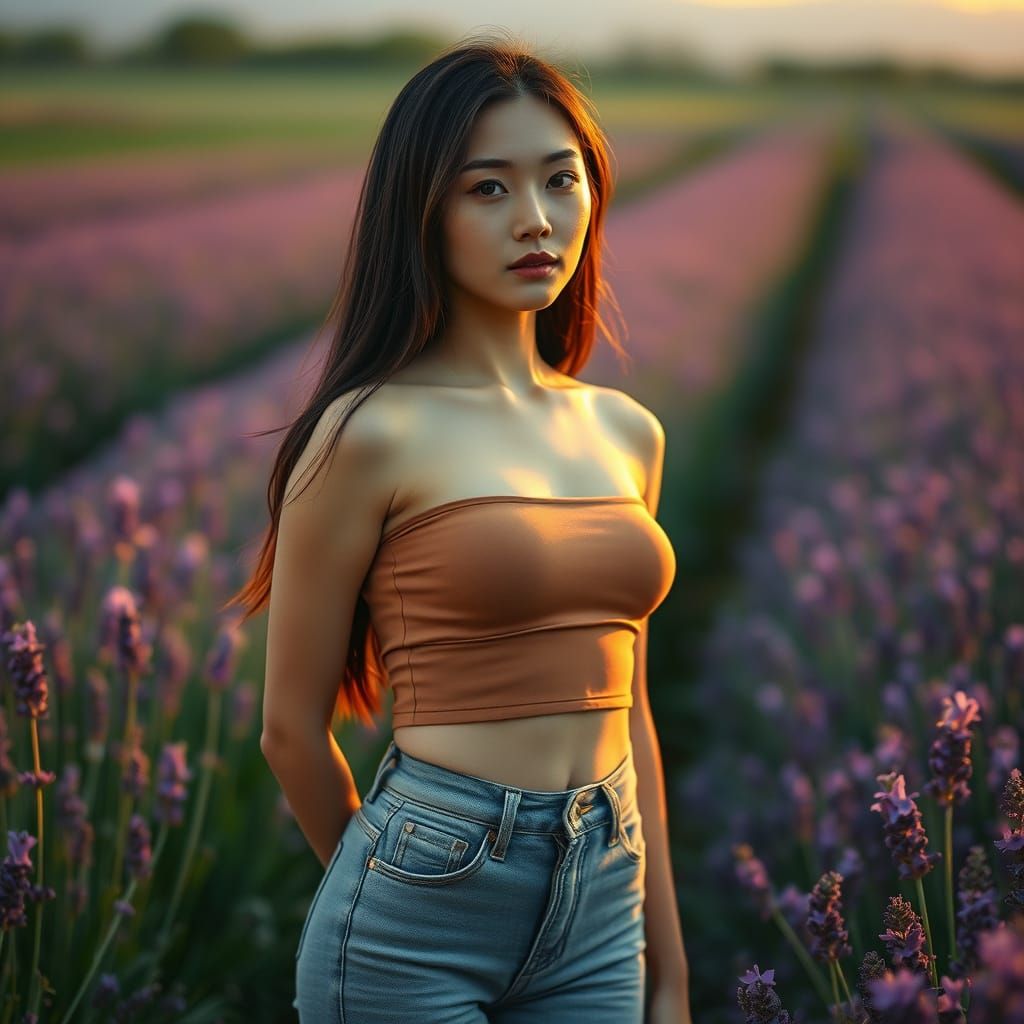 Japanese Woman in Lavender Field at Sunset