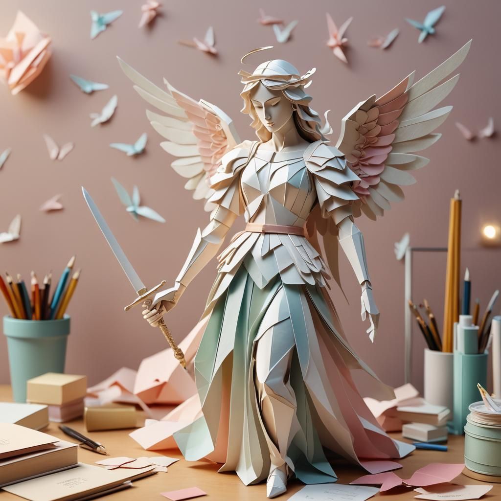 Origami Angel Sculpture with Sword in Paper Art