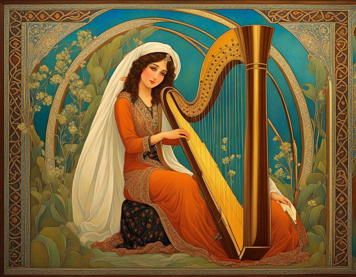 Art Nouveau Painting of Legendary Harpist Tahlessa