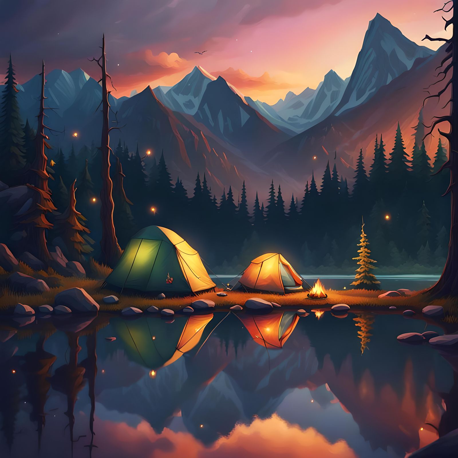 Sunset Camping Scene with Lake Reflections