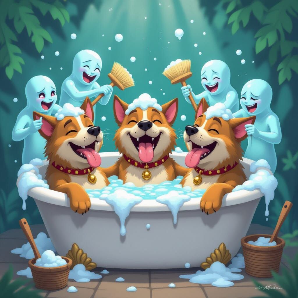 Cerberus Enjoys a Bubble Bath in Comedic Fantasy Art