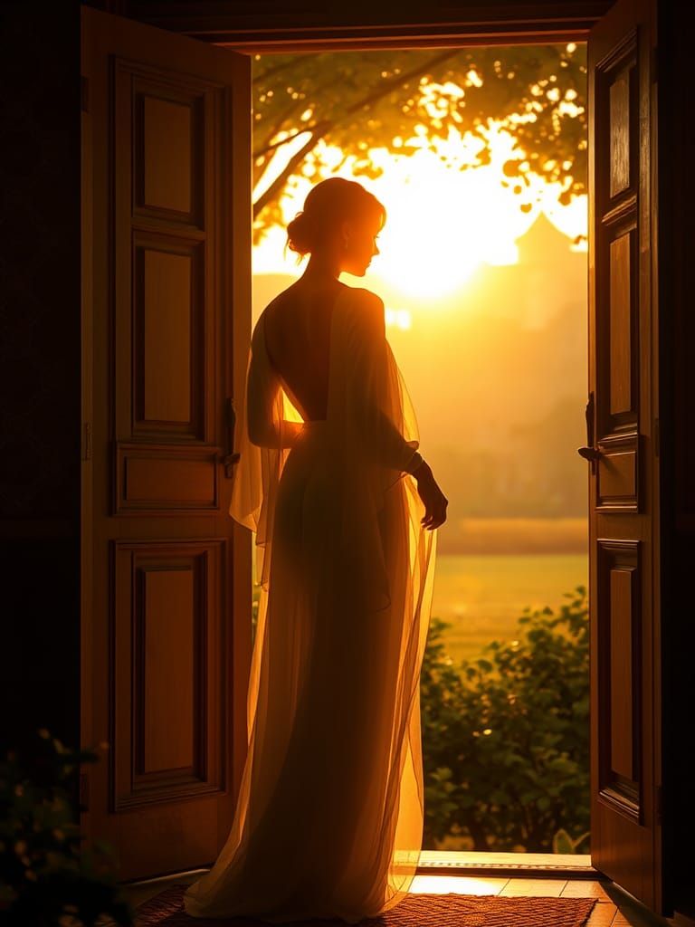 Ethereal Woman in Sunlit Garden, Digital Matte Painting