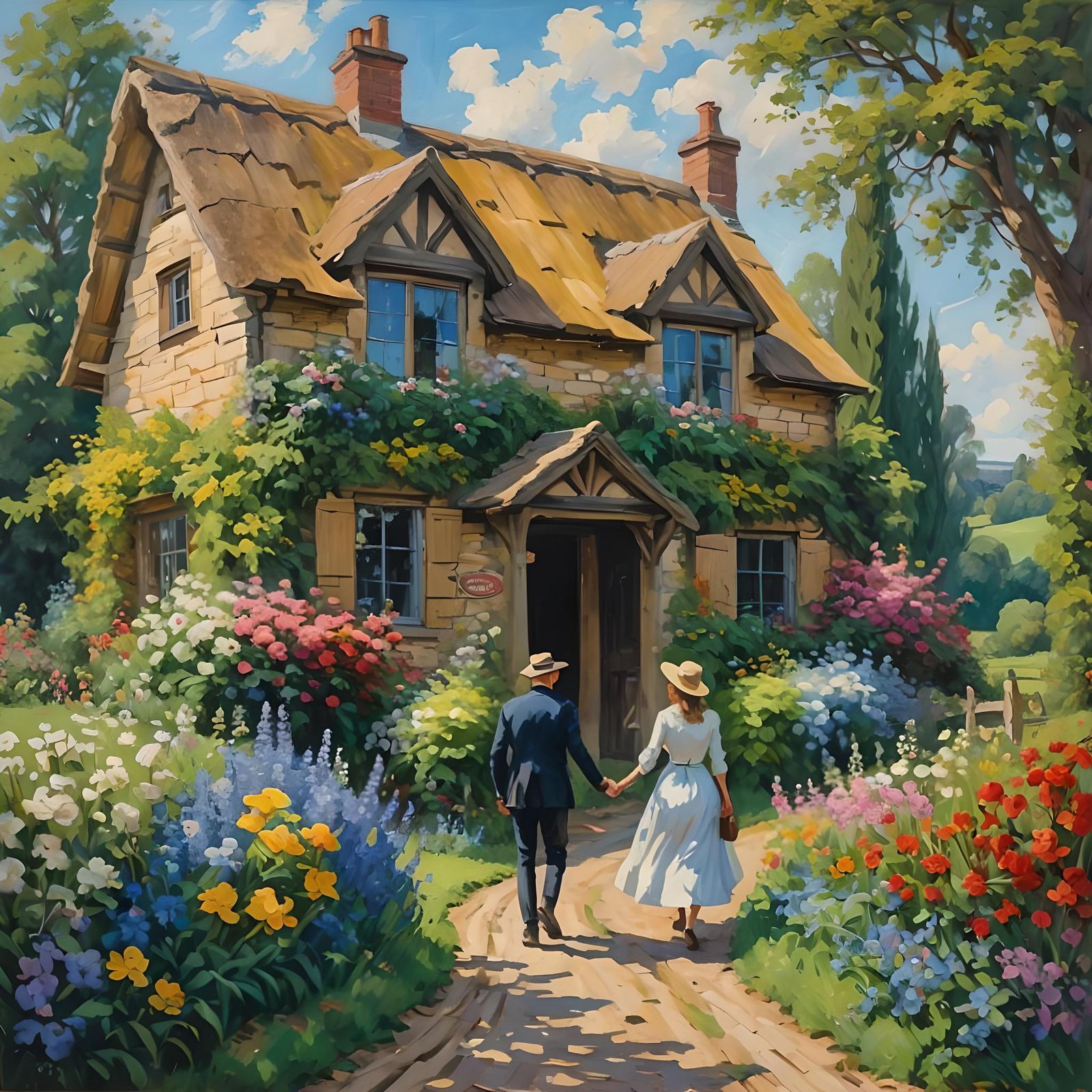 Impressionistic Cottagecore Scene as Oil Painting