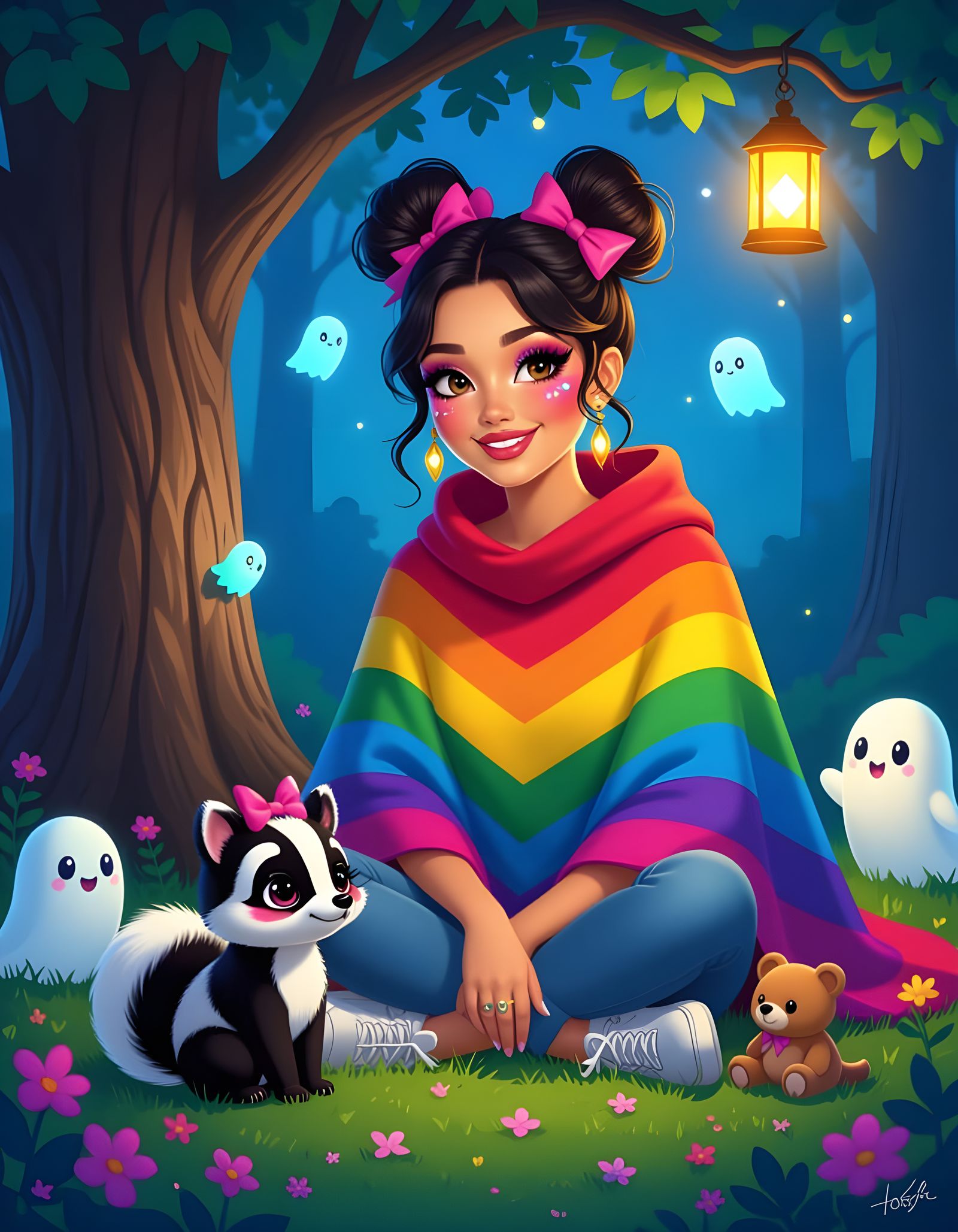 Whimsical Woman with Skunk and Ghosts by Tree