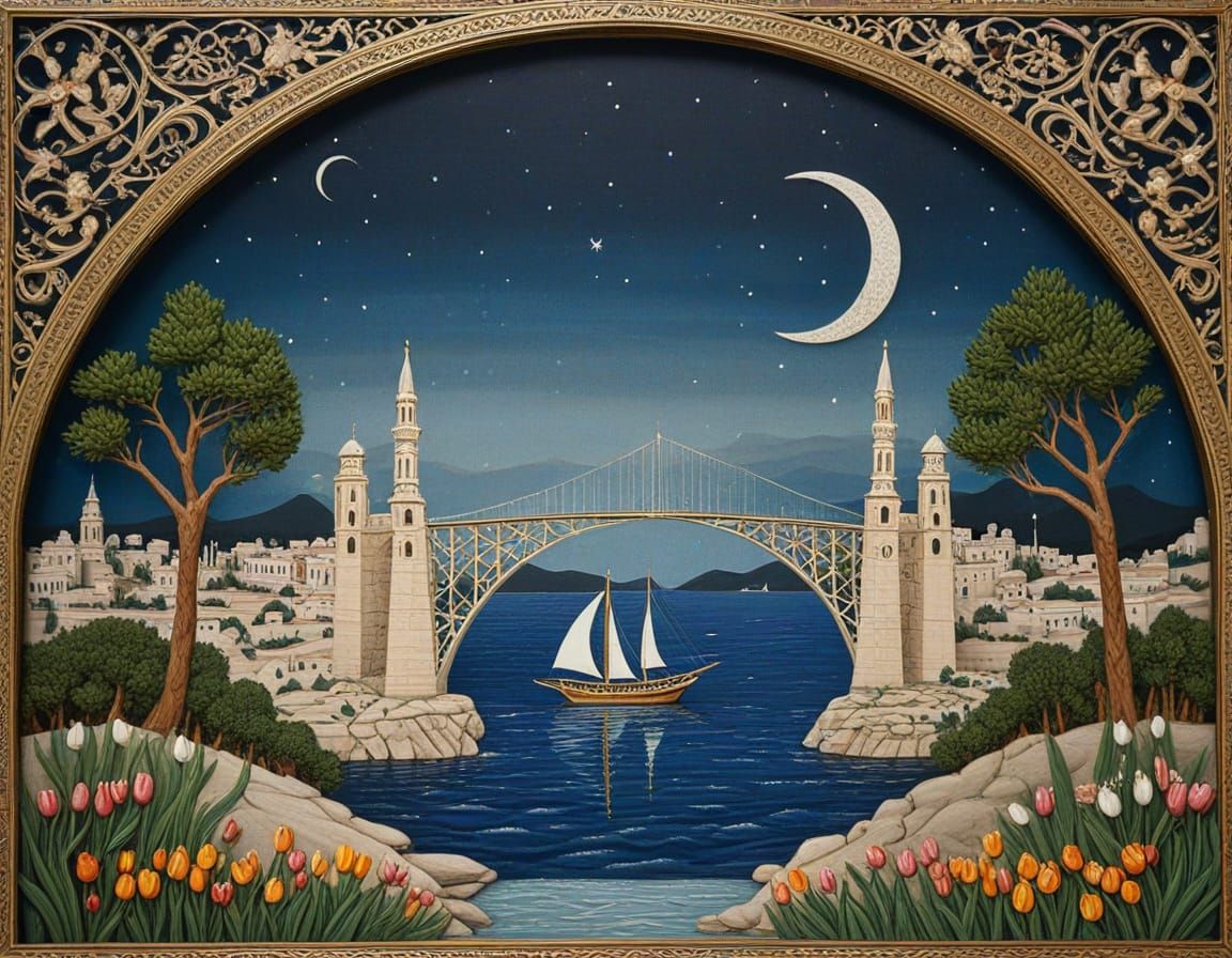 Delicate Ottoman Miniature of Bosphorus Bridge with Silver M...
