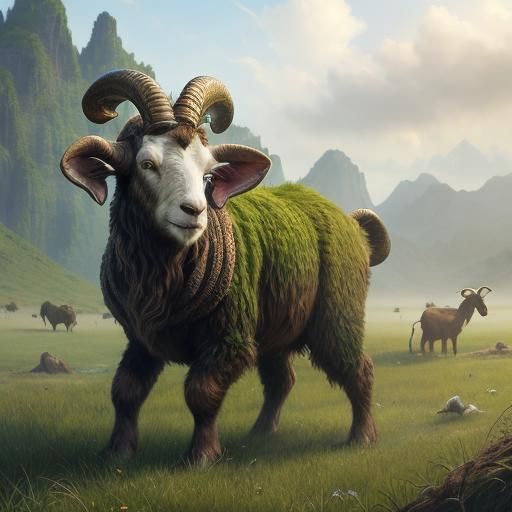 Goat-Headed Python Creature in Lush Meadow