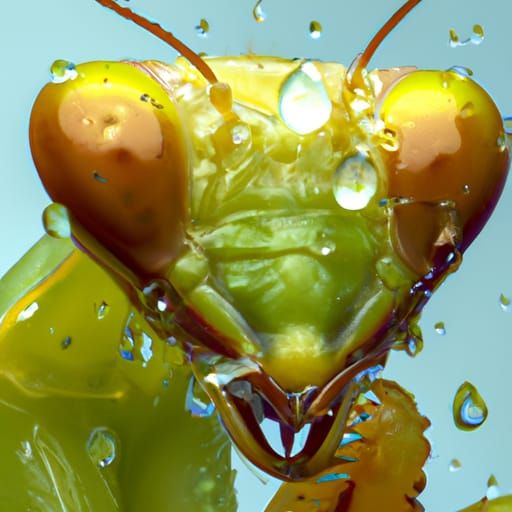 Macro Photo of Mantis with Dew Drops: Detailed CG Render