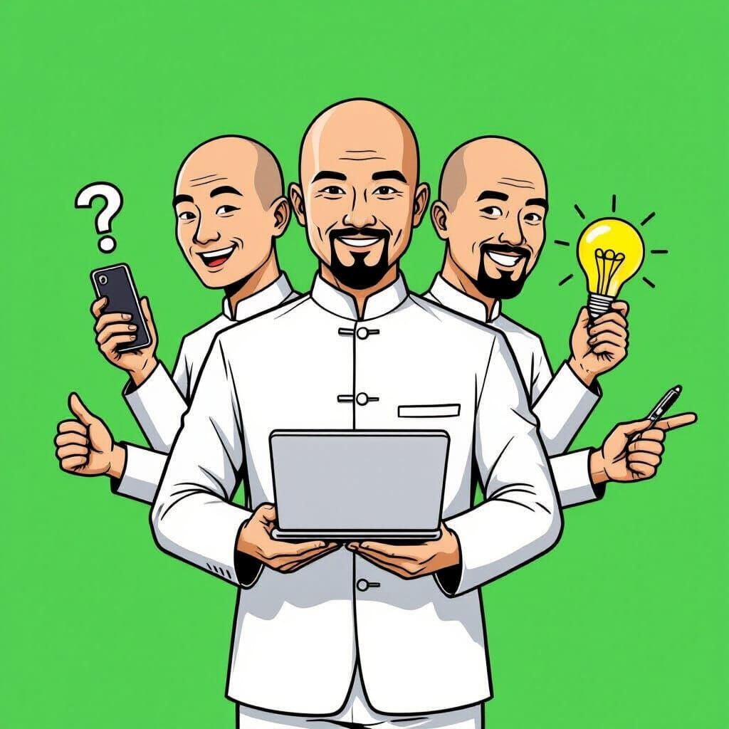 Multifaceted Man with Three Heads and Six Arms in Vector Art