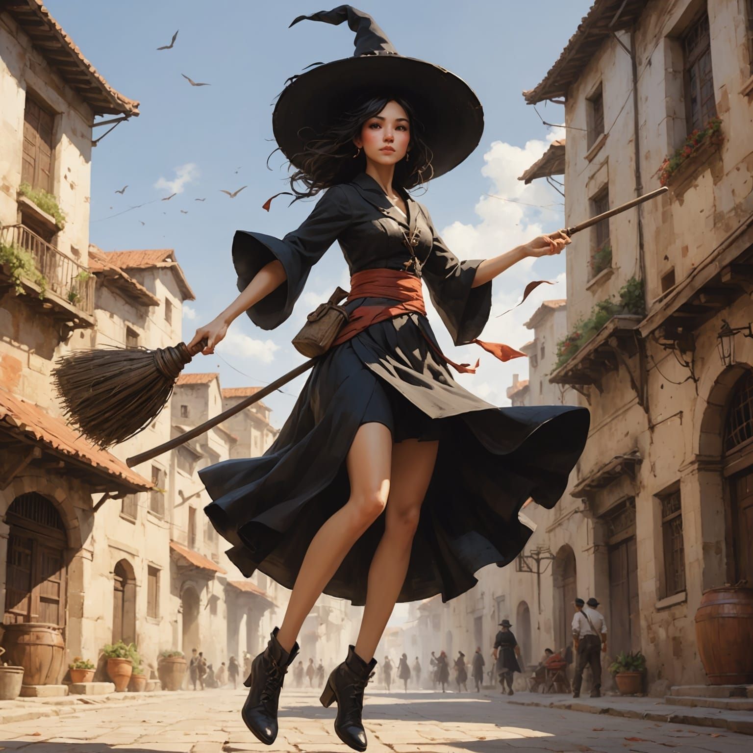 Witch Flying on Broomstick in Watercolor Style