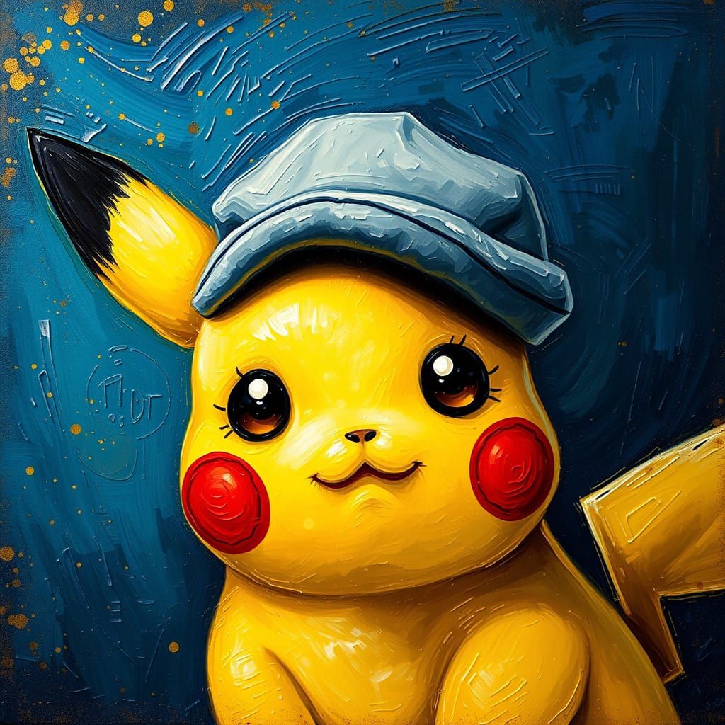 Pikachu-like Creature with Felt Hat as Impasto Painting
