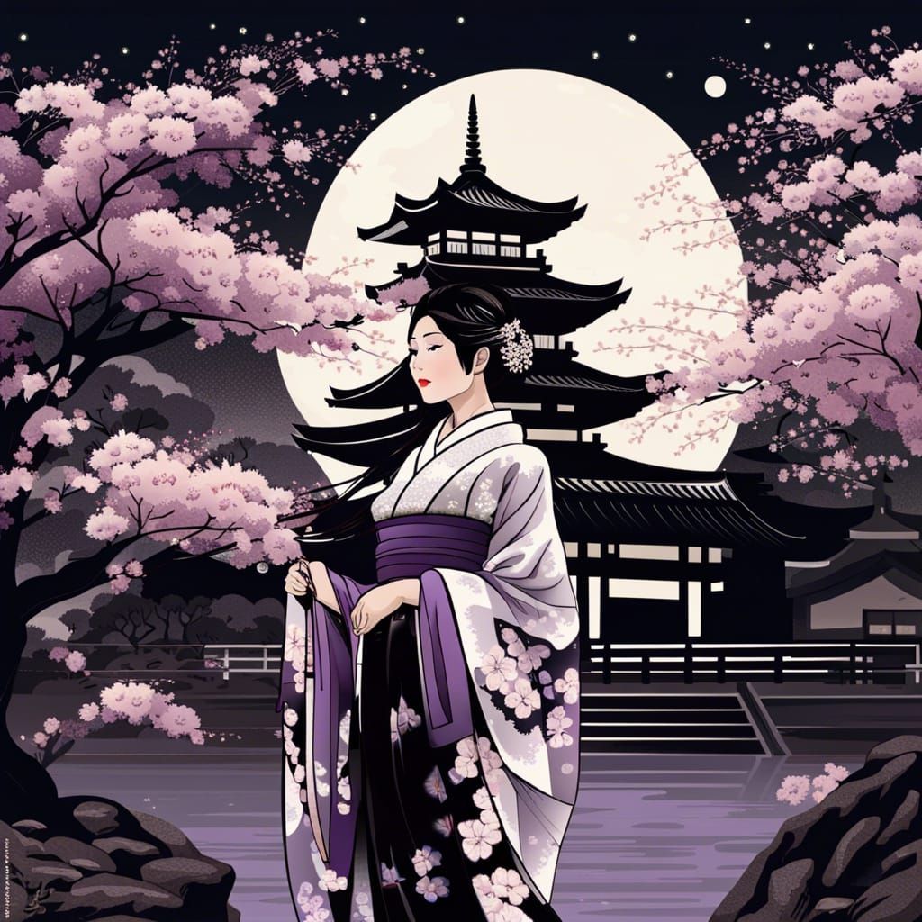 Kimono Woman at Night with Sakura Blossoms