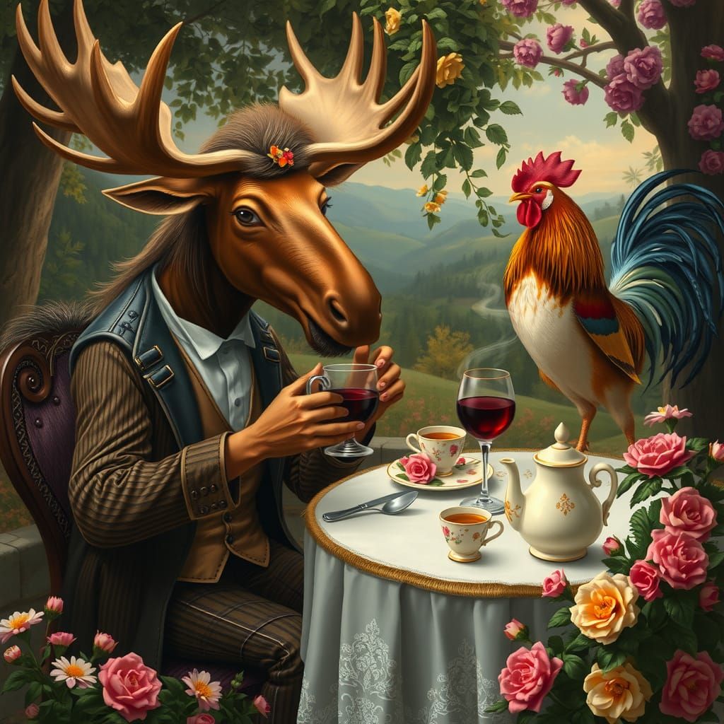 Moose and Rooster Tea Party in Cubist Style