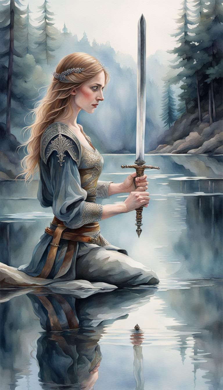 Ethereal Sword Emerges from Lake: Watercolor Painting