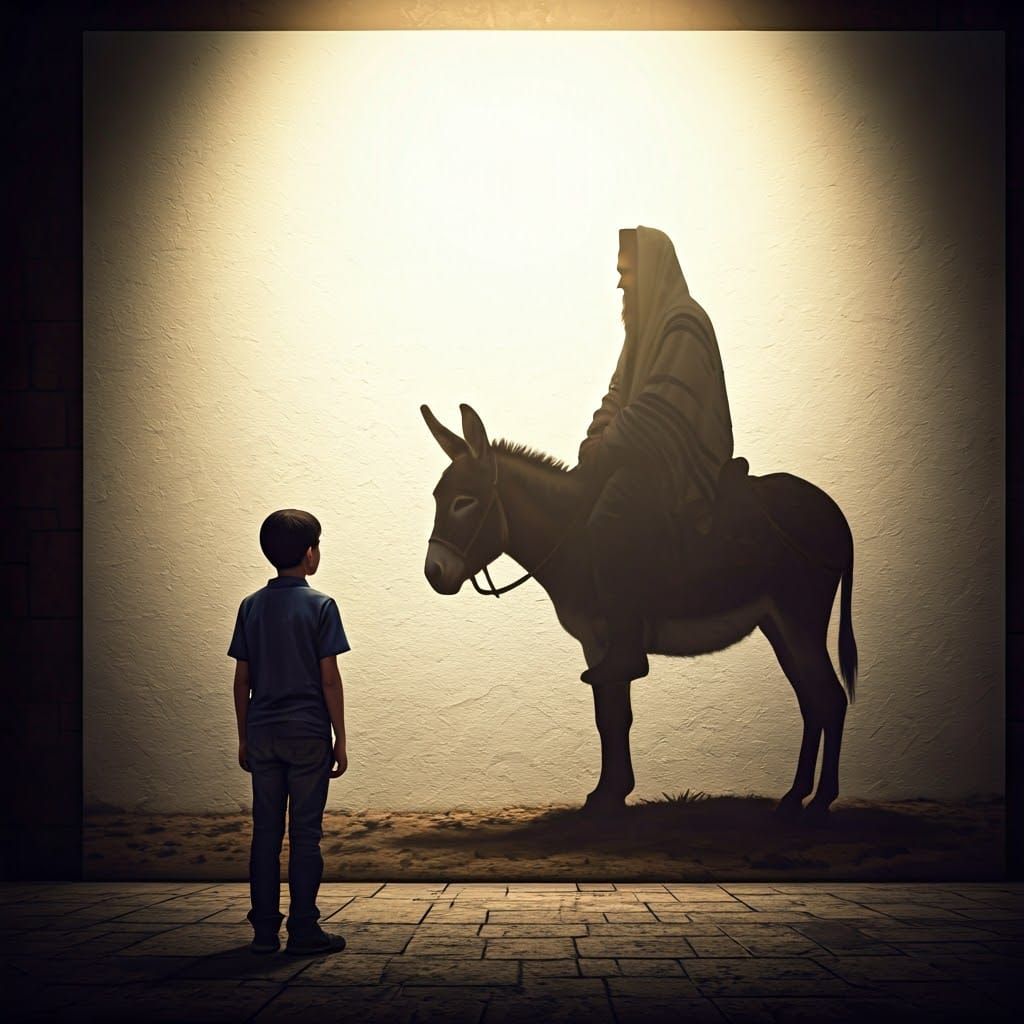 Mystical Shadow: Boy, Wall, and Tallit Rider in Noir Style