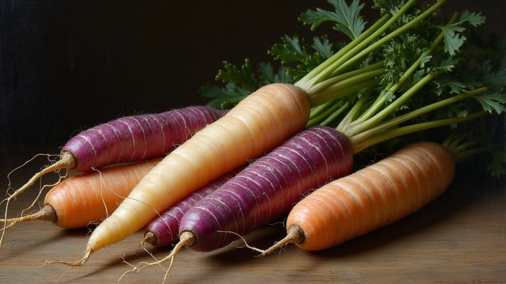 Rembrandt-Style Still Life of Purple and White Carrots