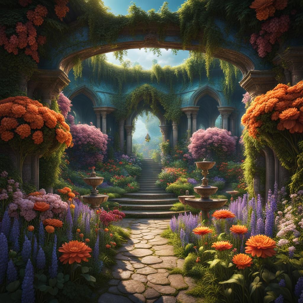 Fantastical Secret Flower Garden in Matte Painting Style