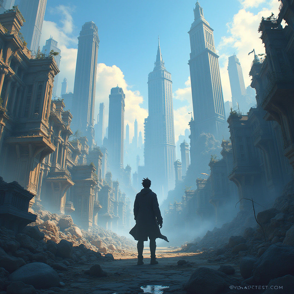 Man Overlooking Ruined Cityscape in Anime Style