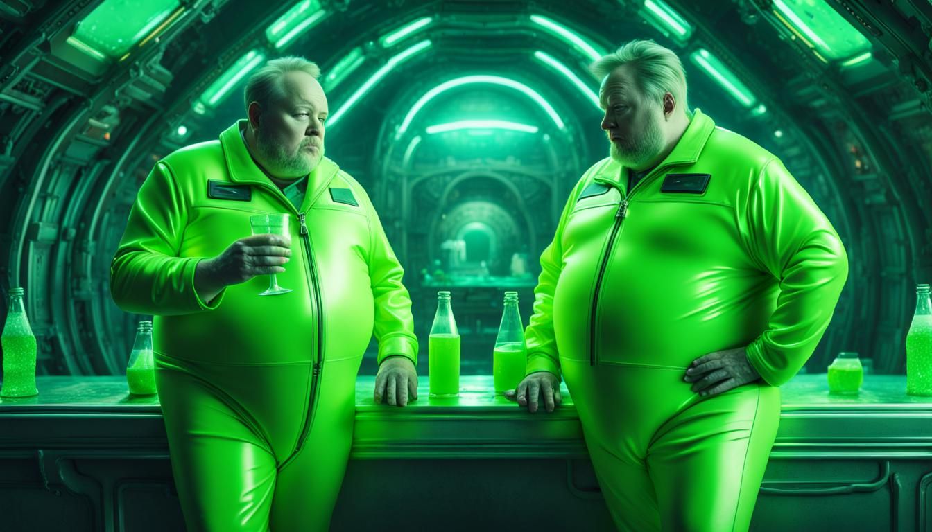 Men in Green Suits Drink Soda in Spaceship