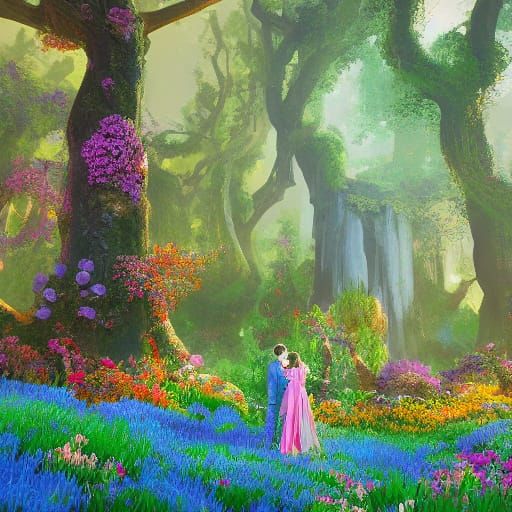 Couple Embracing in Vibrant Mystical Garden