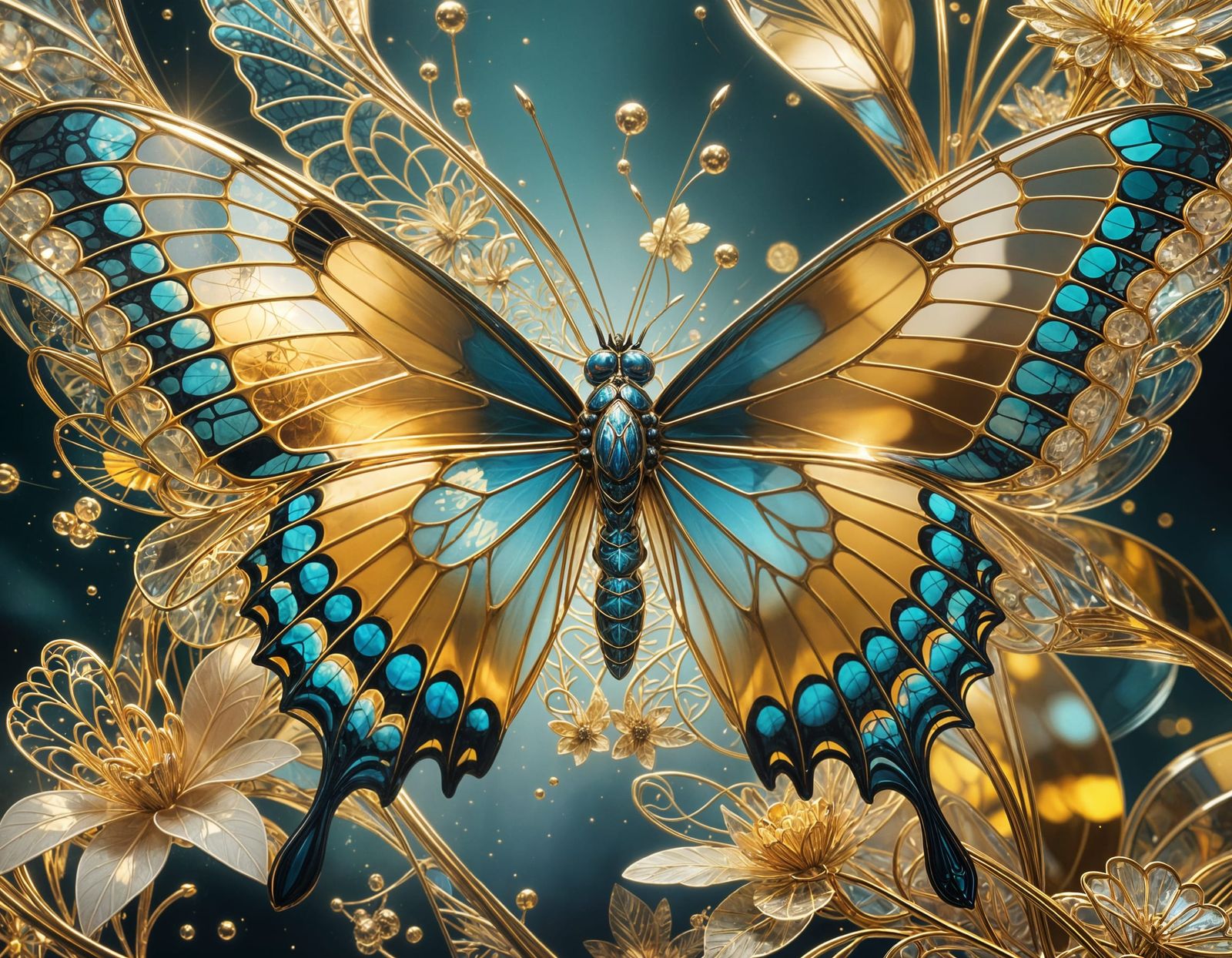Golden Crystal Swallowtail Butterfly in Fractal Art Style
