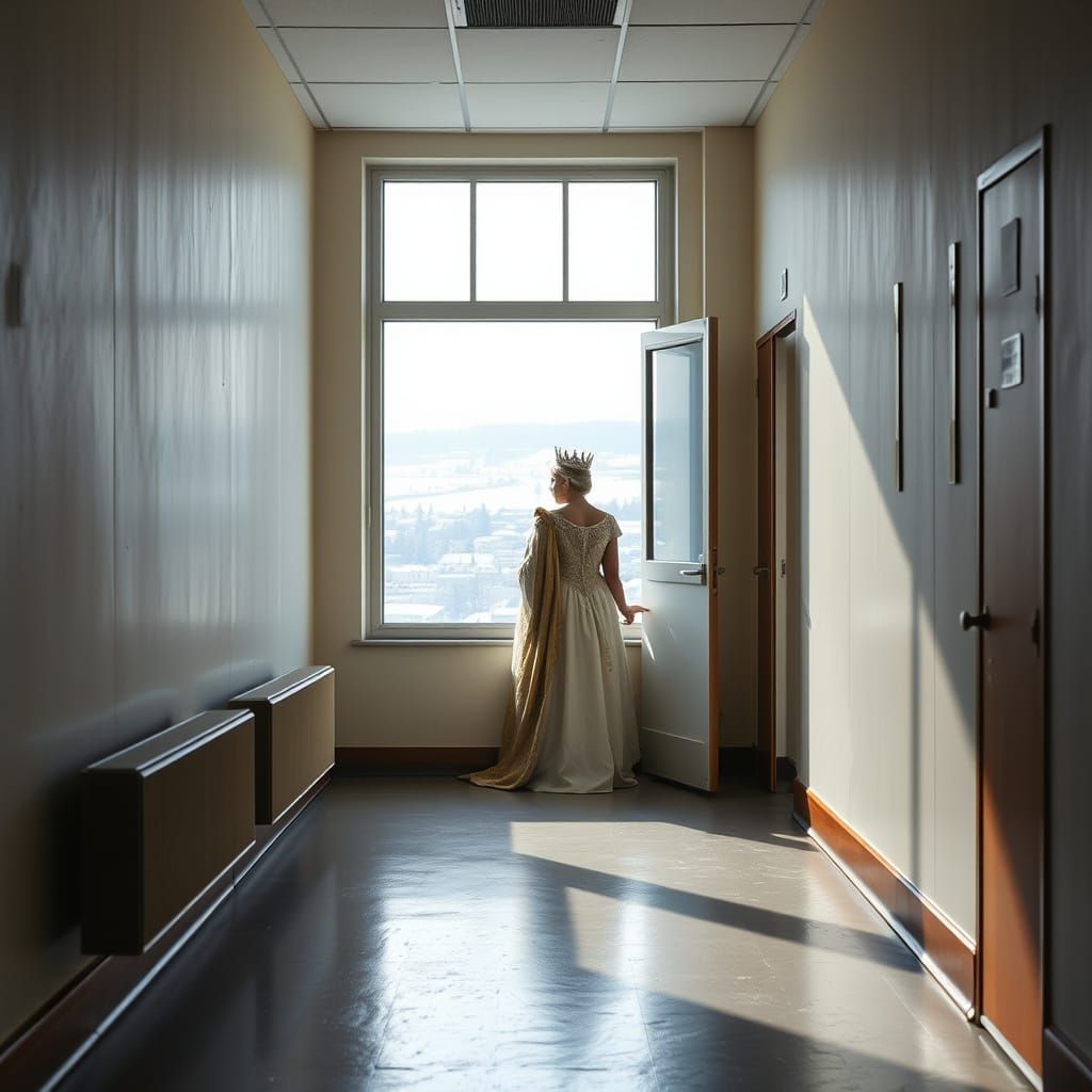 A Regal Figure Looks Out Upon a Snowy Winter Town