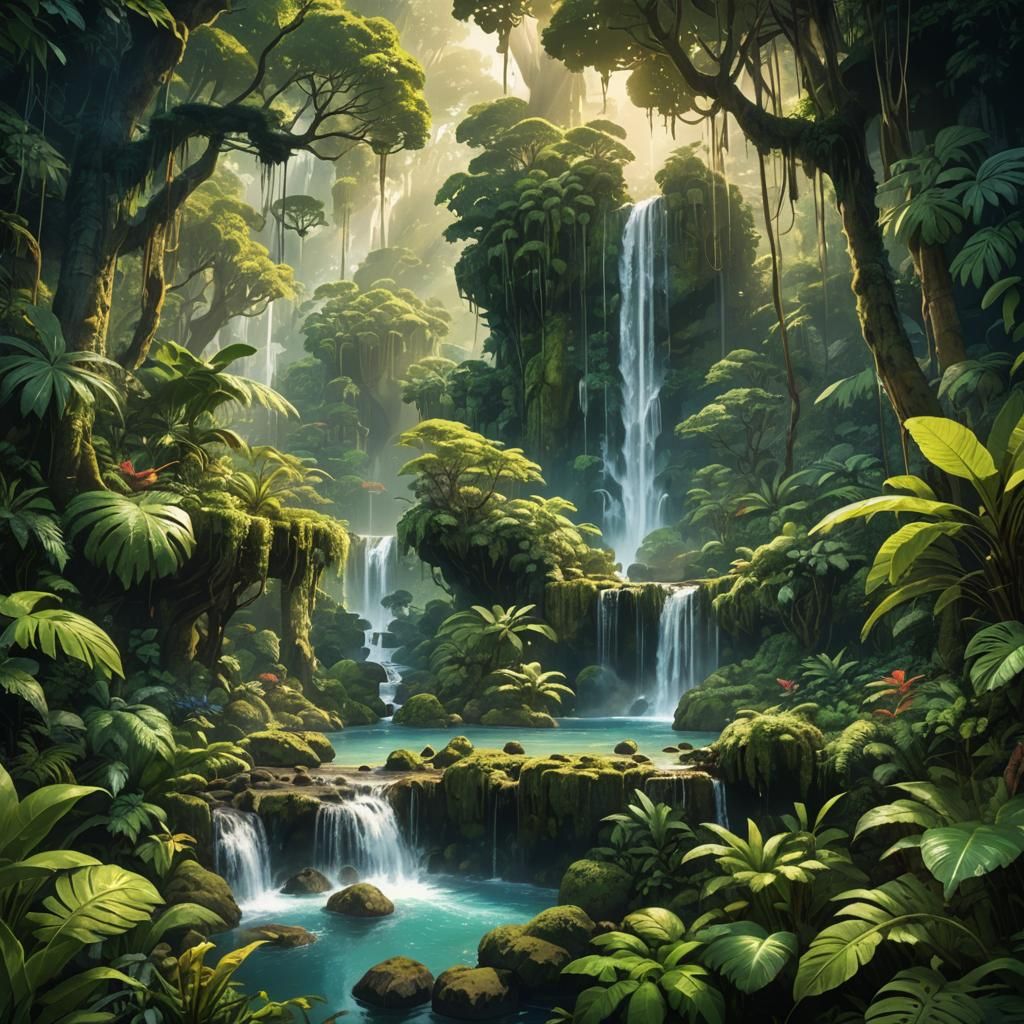 Lush Rainforest Waterfall in Expressionist Style