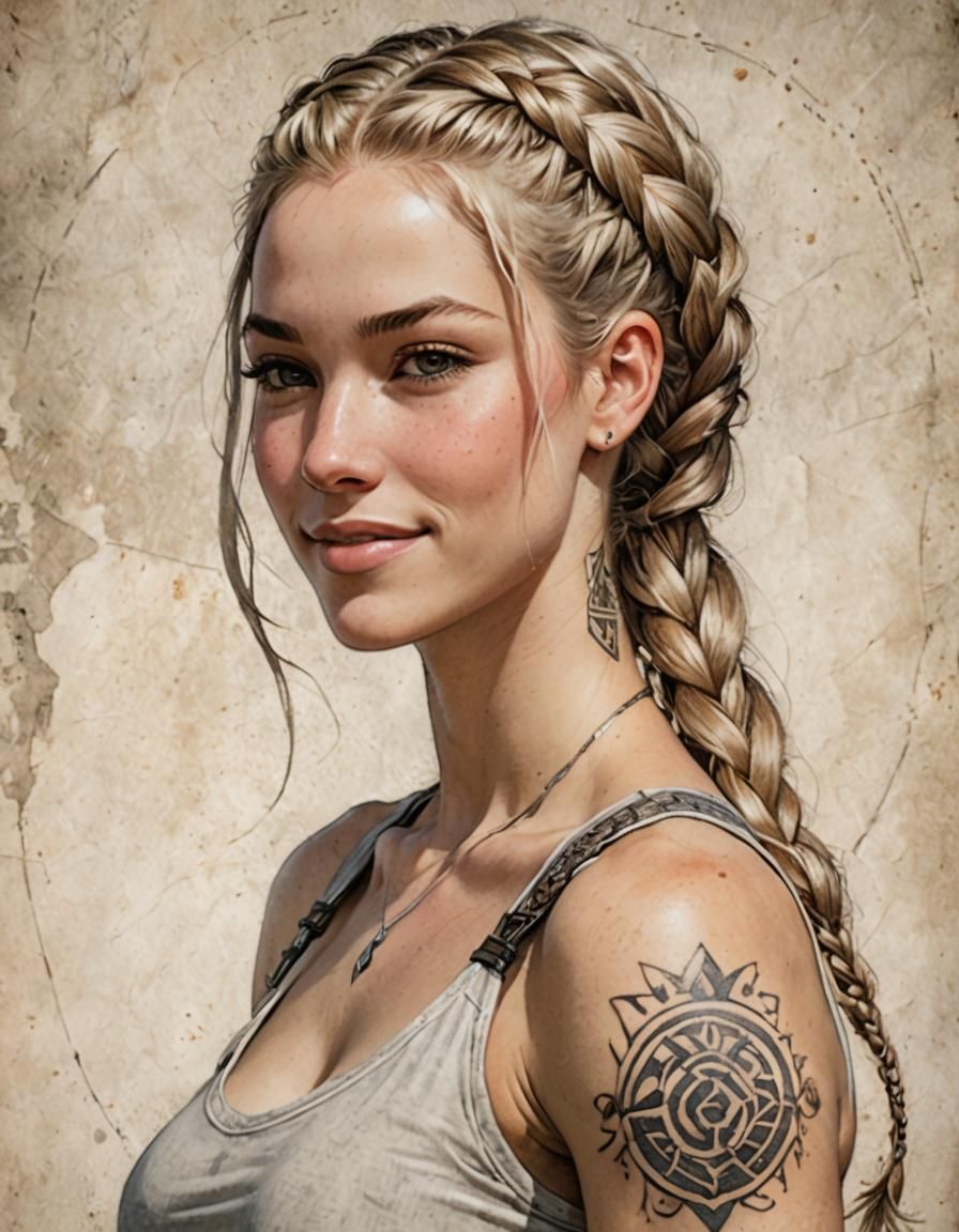 Tattooed Blonde Woman with Braids, Macro Lens Photography