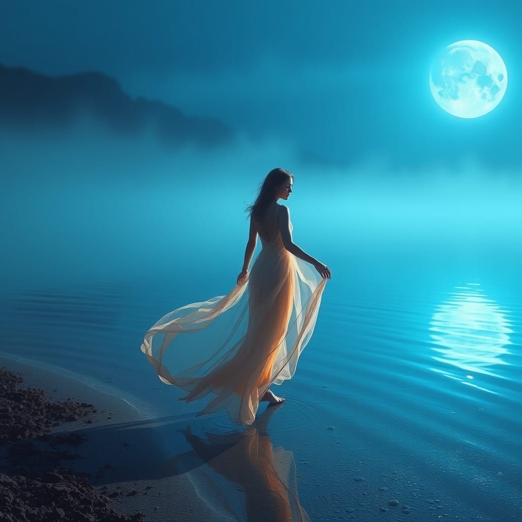 Mystical Woman Strolls Barefoot by Celestial Lake at Night