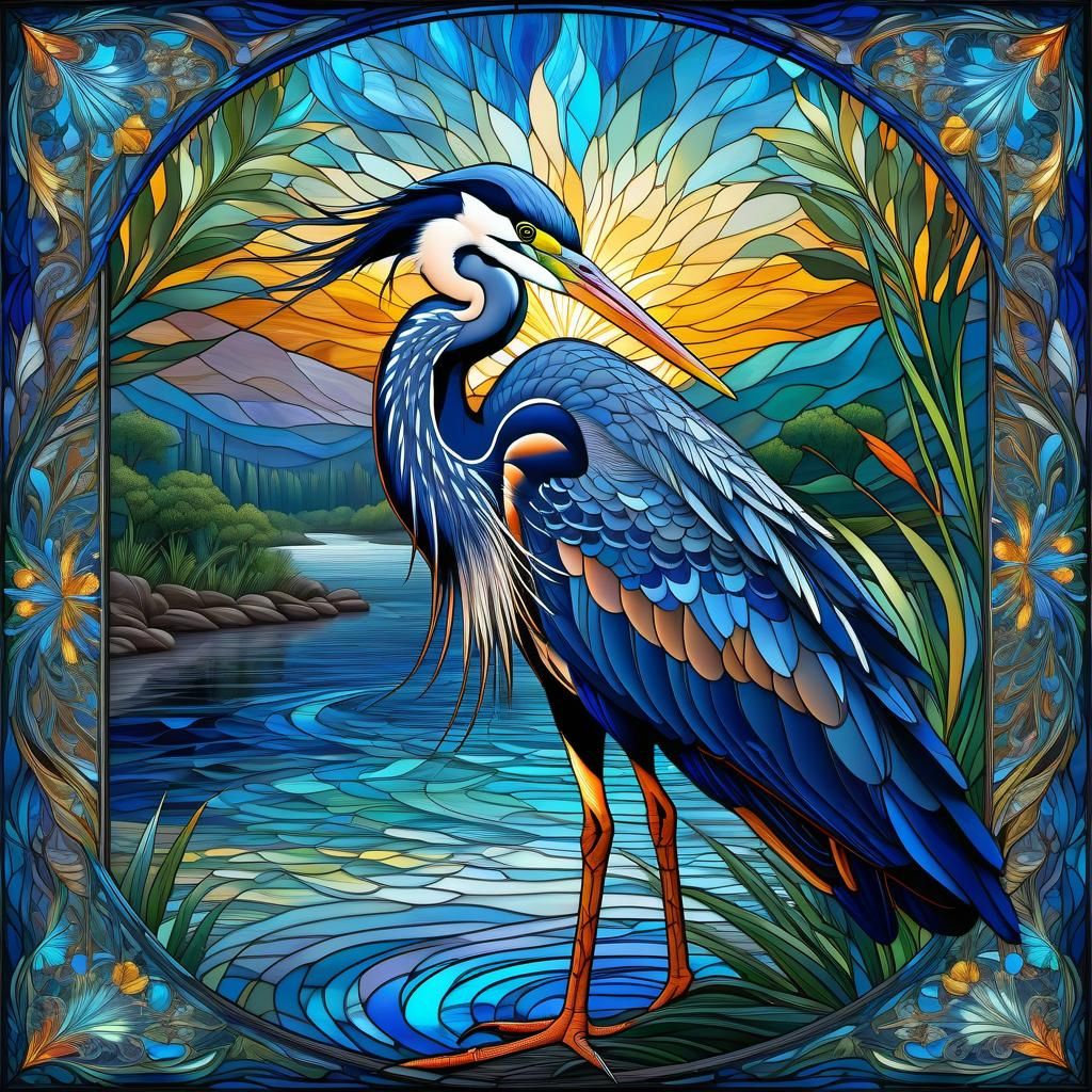 Blue Heron Stained Glass Window