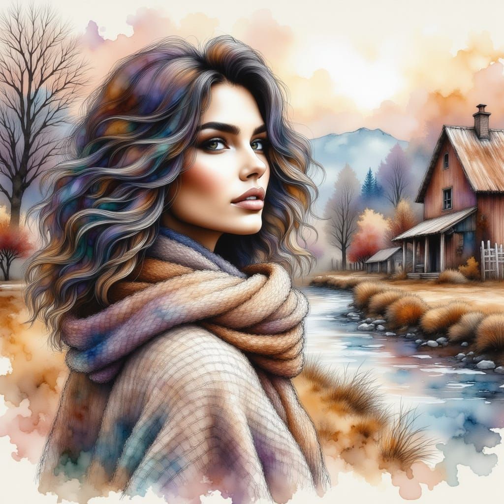 Woman in Winter Clothes by River in Dreamy Pastel Landscape