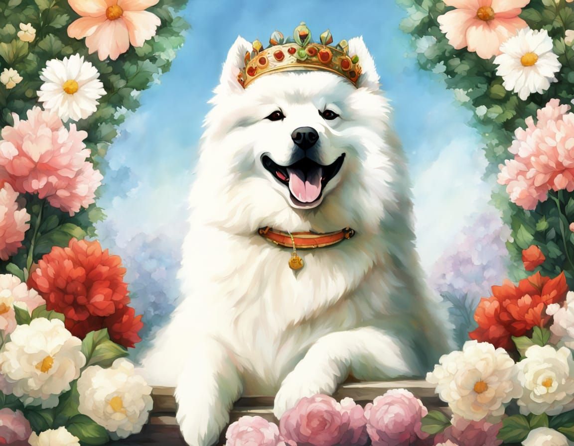 a fluffy Samoyed dog wearing a crown of flowers, sitting regally on a throne in a lush garden. Full shot. Watercolor and...