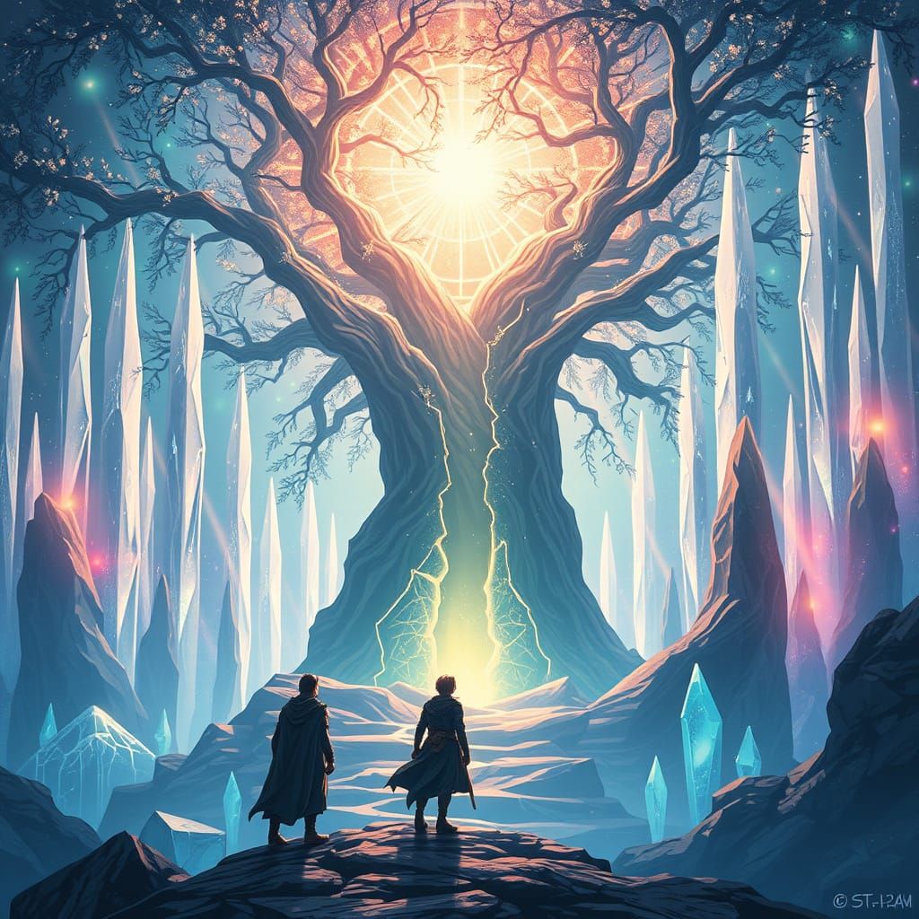 Adventurer at Ying Yang Tree Portal in Digital Painting Styl...