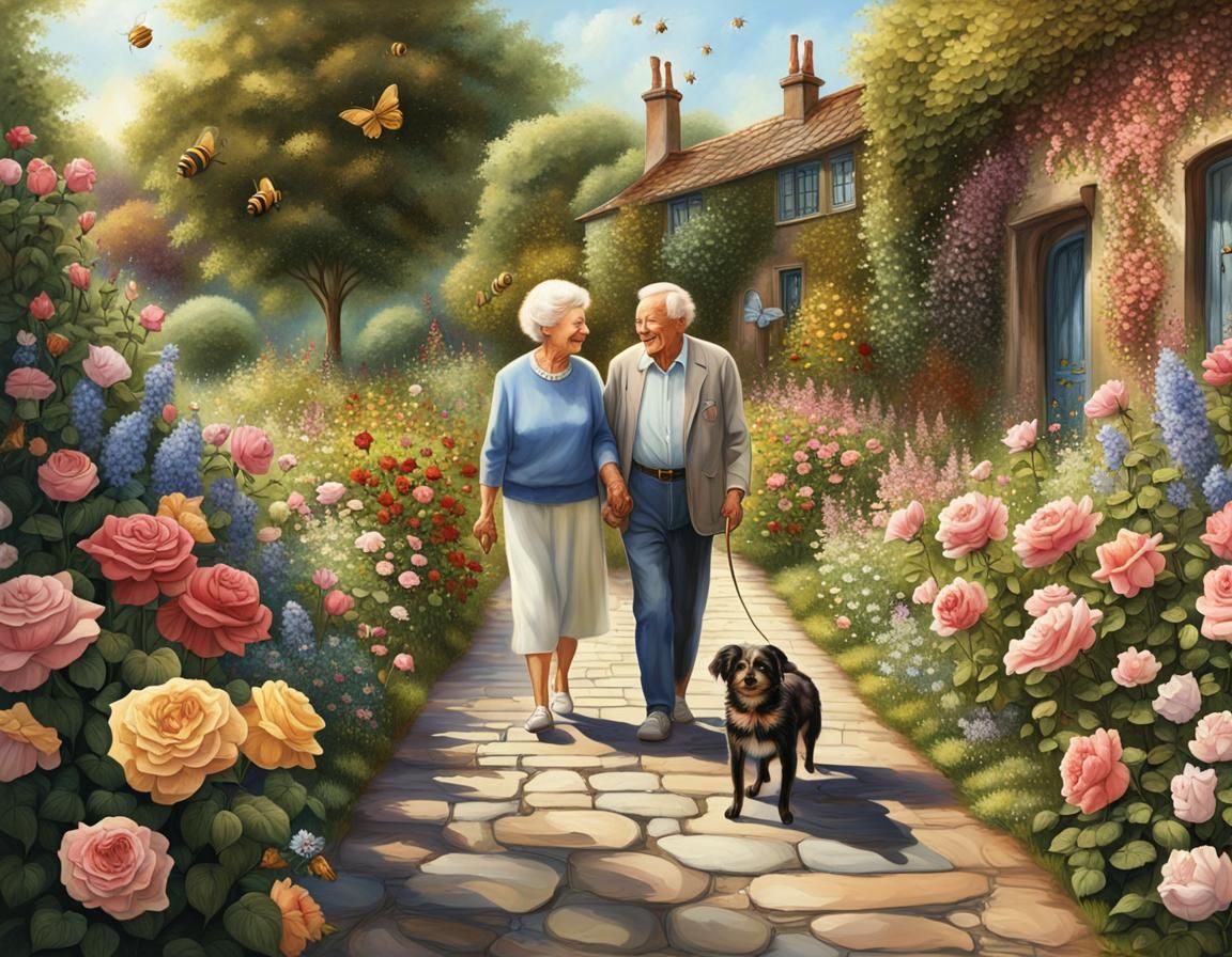Elderly Couple Strolling Through a Hyperrealistic Garden
