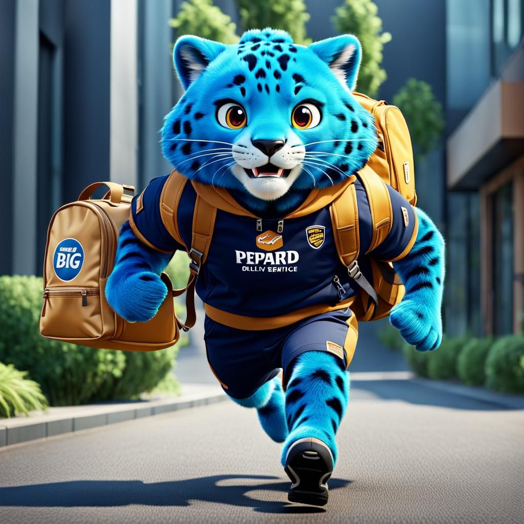 Gepard character working in delivery service, running with a big backpack with logo, exalted face, filmic, detailed, com...