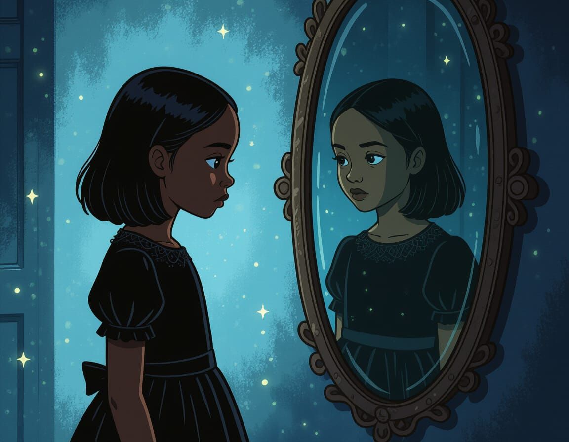 Girl in Gothic Dress Gazing into Mirror