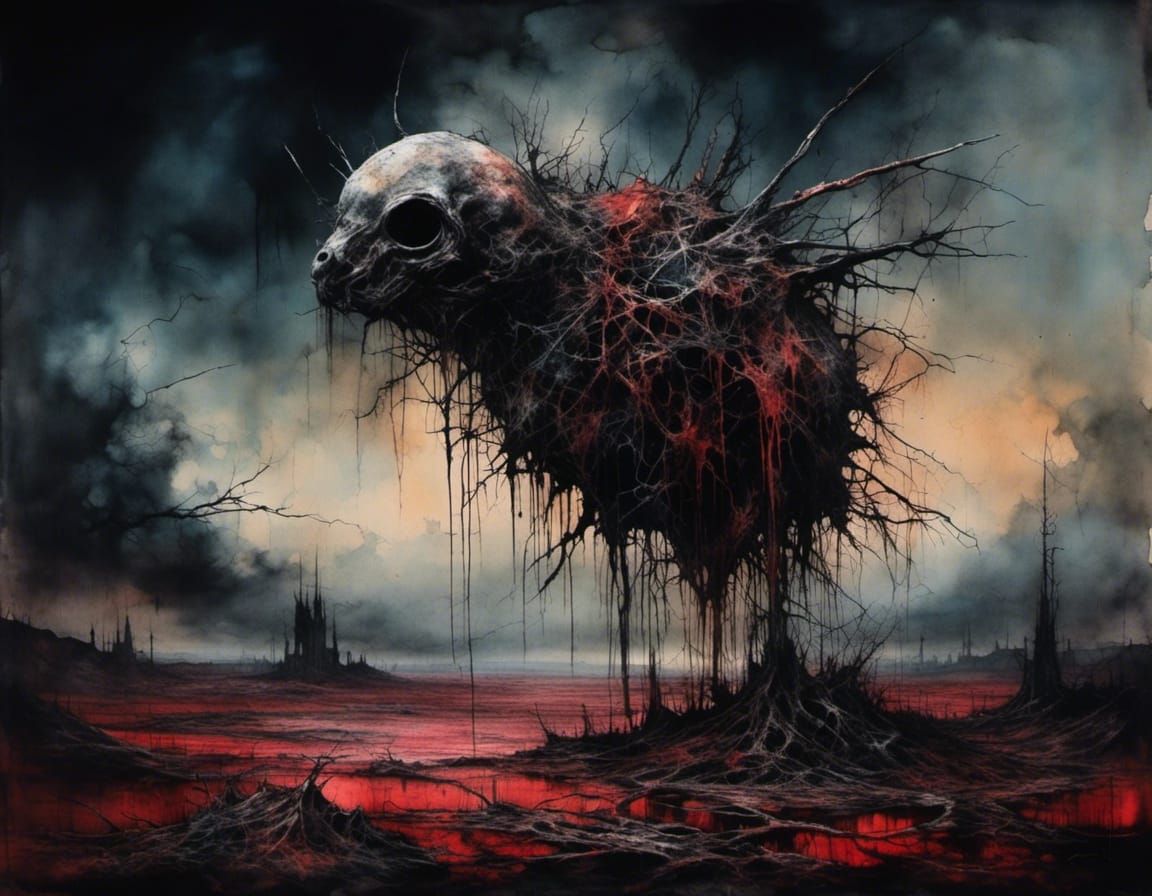 Hyperrealistic Dark Ambient Creature in Scarlet Landscape