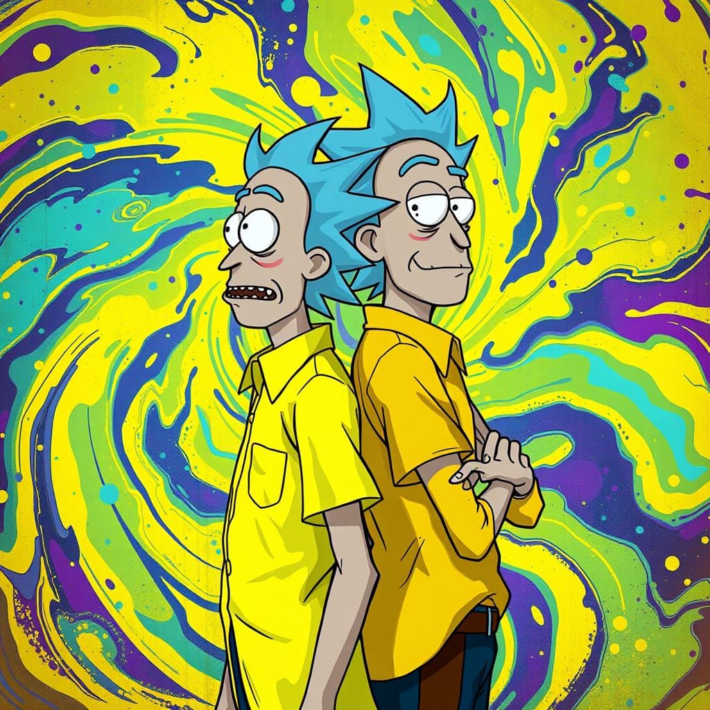 Rick Sanchez and Morty in a Vibrant Yellow Dreamscape