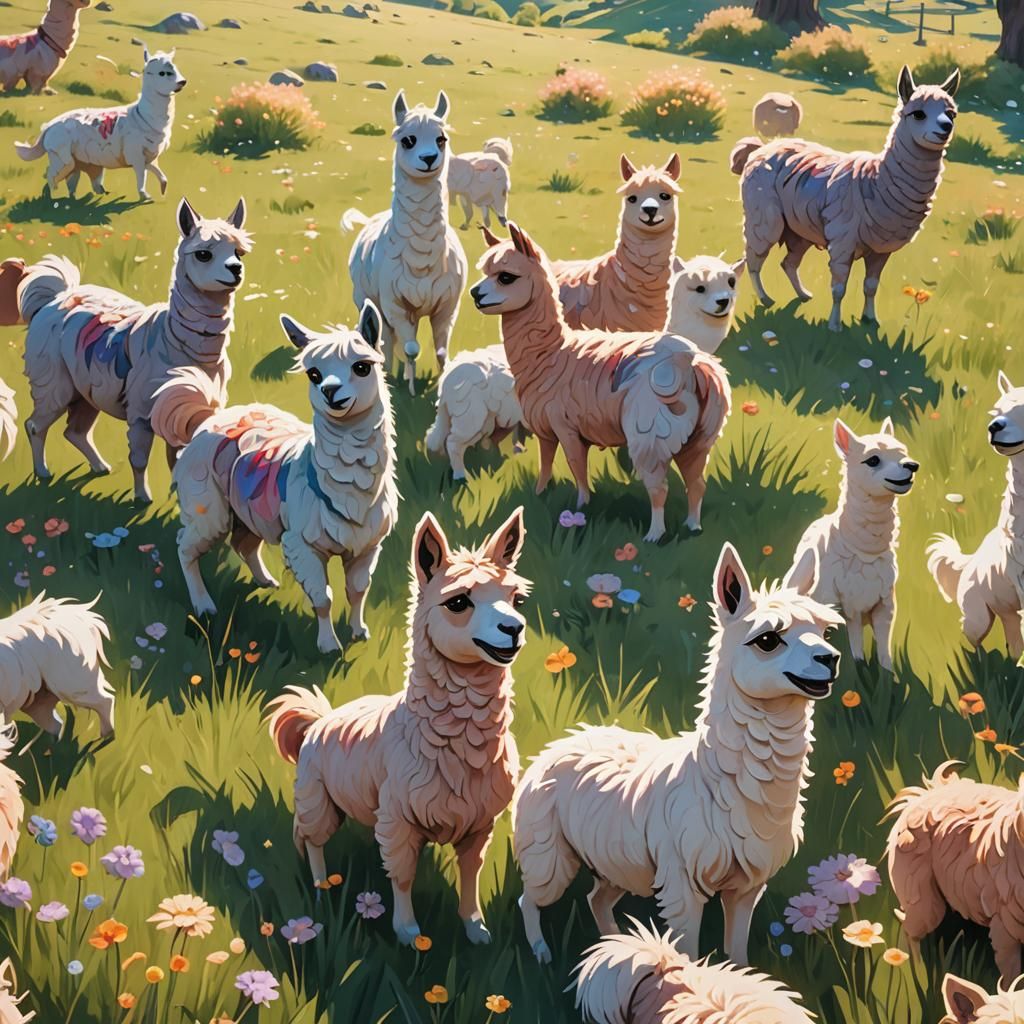 Llama-Colored Dogs Playing in Sunny Meadow in 3D Anime Style