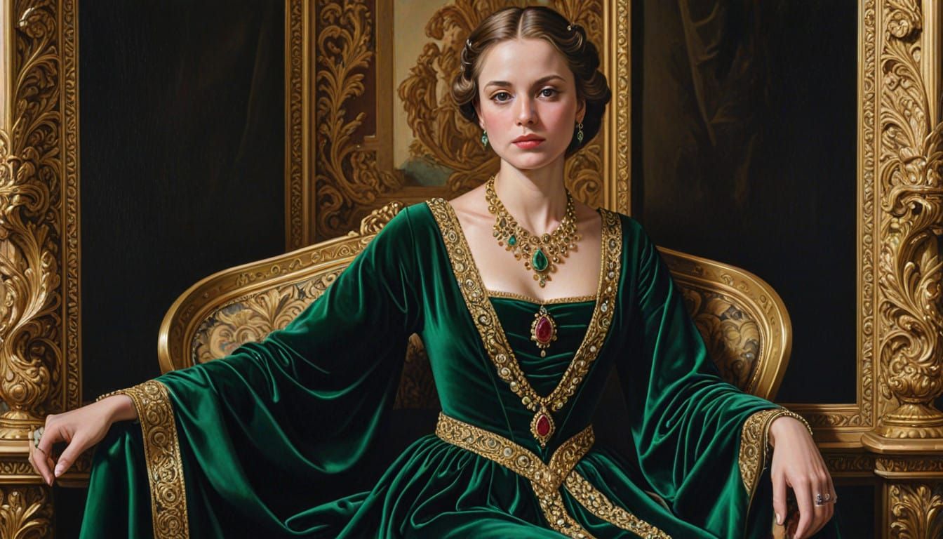 Regal Woman in Emerald Velvet Robe