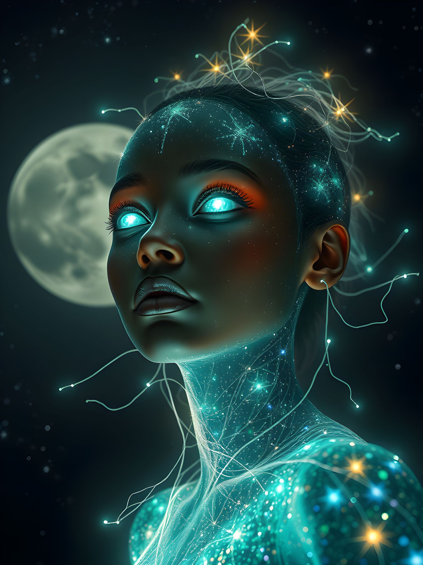 Bioluminescent Star Girl in Galactic Night Sky