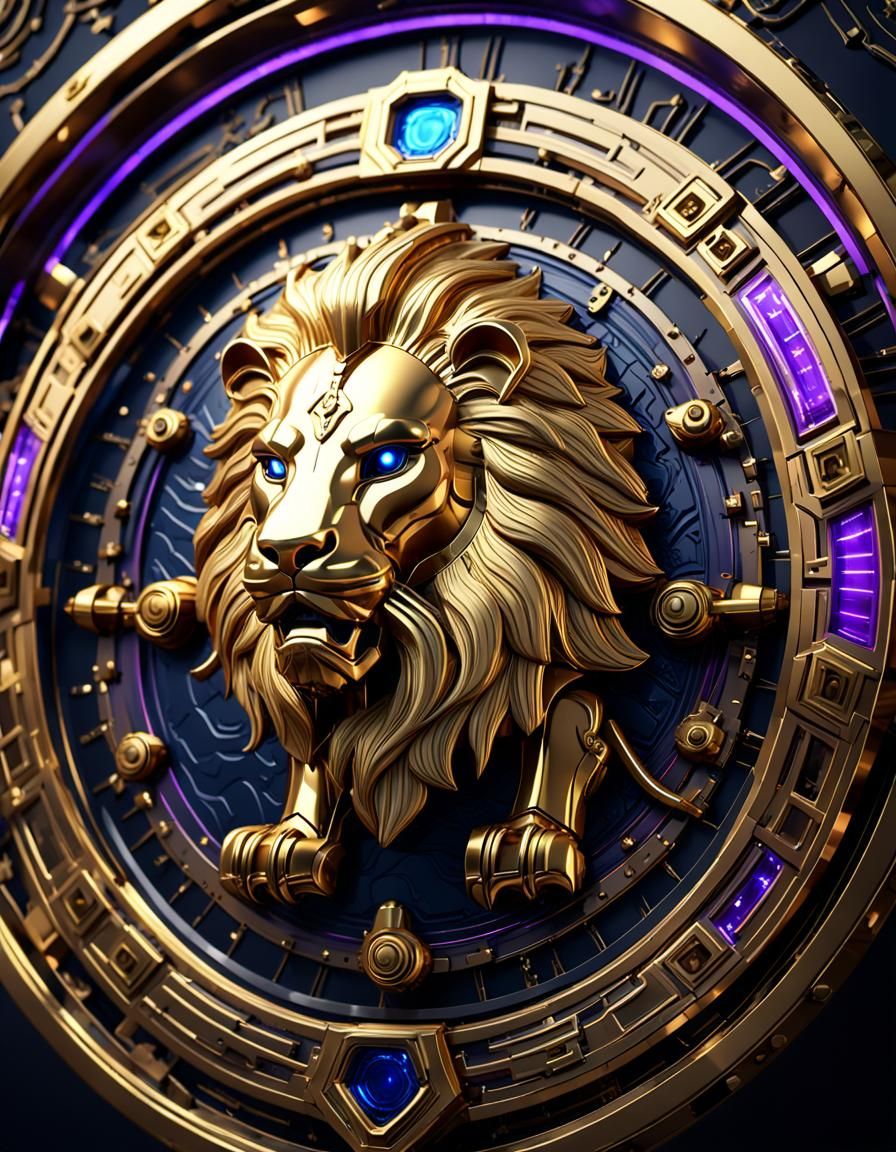 Golden Sci-Fi Lion Shield in 8K